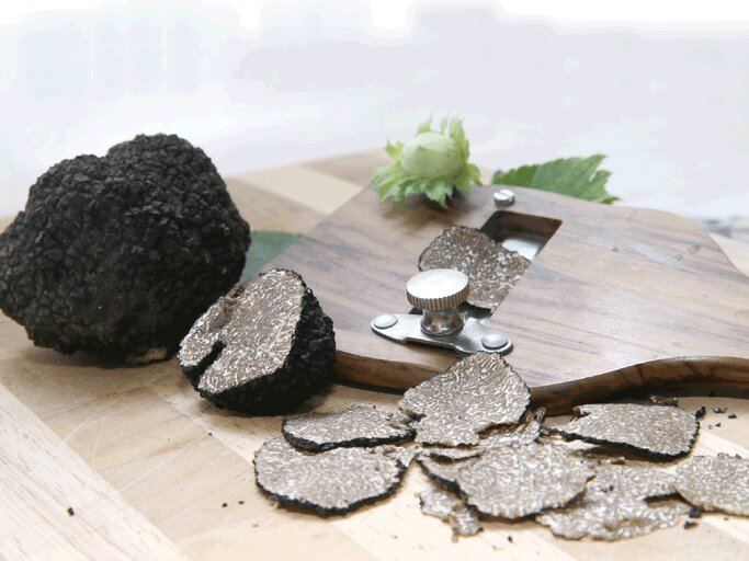 Schwarze Trüffel auf Holzbrett, daneben Hobel mit hauchdünnen Trüffelscheiben und einer Haselnuss samt Blatt. | © Trüffeljäger Eilenburg