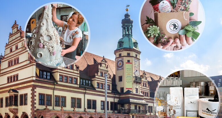 Historisches Rathaus Leipzig bei Sonnenschein, darüber drei runde Collagen mit regionalen Manufaktur-Produkten und Kunsthandwerk. | © stock.adobe.com/Sina Ettmer /Kern und Stein /Stefan Passig /Marco Kitzing