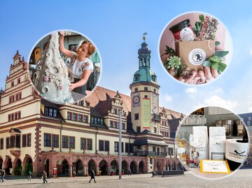 Historisches Rathaus Leipzig bei Sonnenschein, darüber drei runde Collagen mit regionalen Manufaktur-Produkten und Kunsthandwerk. | © stock.adobe.com/Sina Ettmer /Kern und Stein /Stefan Passig /Marco Kitzing