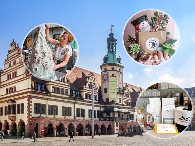 Historisches Rathaus Leipzig bei Sonnenschein, darüber drei runde Collagen mit regionalen Manufaktur-Produkten und Kunsthandwerk. | © stock.adobe.com/Sina Ettmer /Kern und Stein /Stefan Passig /Marco Kitzing