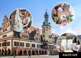 Historisches Rathaus Leipzig bei Sonnenschein, darüber drei runde Collagen mit regionalen Manufaktur-Produkten und Kunsthandwerk.