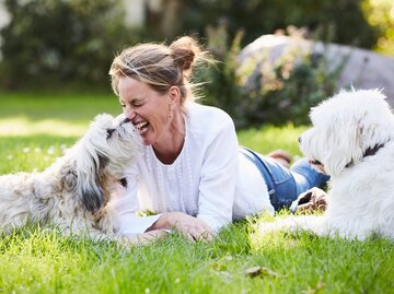 Person mit zwei Hunden lachend im Gras | © Getty Images/Silke Woweries