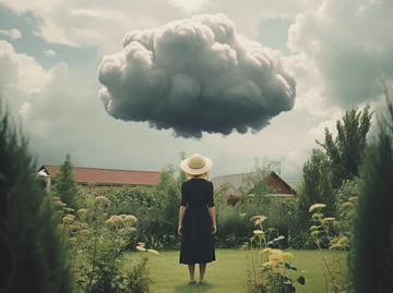 Frau steht im Garten mit dunkler Wolke über dem Kopf | © Midjourney/Maxi Baumgärtner