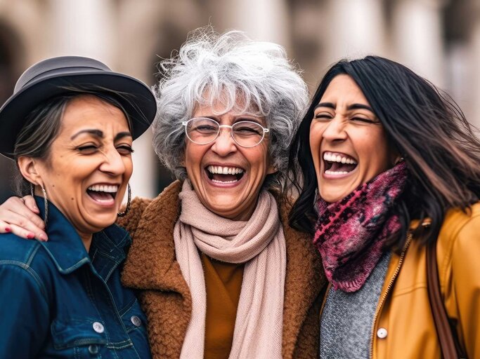 Drei Frauen im mittleren Alter lachend nebeneinander | © Adobe Stock/Adriana