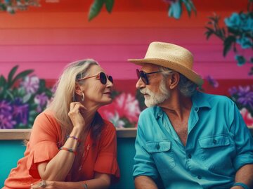 Ältere Frau und Mann küssen sich in sommerlichem Ambiente | © Midjourney/Maxi Baumgärtner