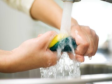 Nahaufnahme einer Person, die einen Küchenschwamm unter Wasser hält | © Getty Images/PhotoAlto/Laurence Mouton