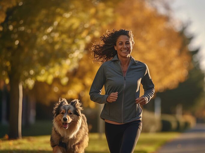 Frau joggt mit ihrem Hund im Herbst die Straße entlang. | © Adobe Stock / ANEK