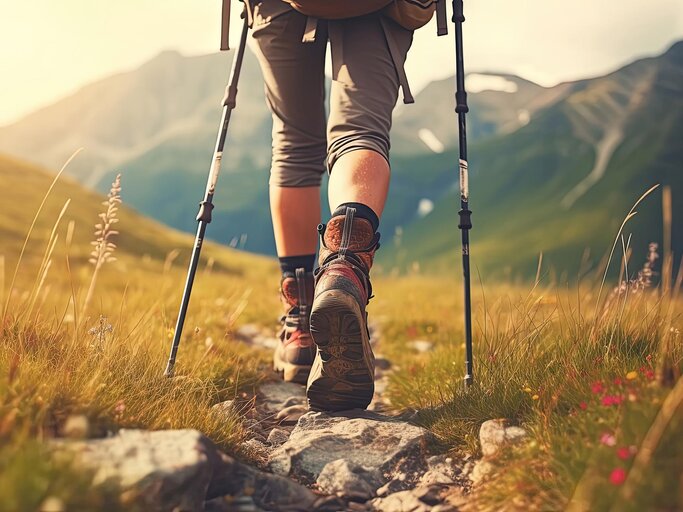 Close-up von Beinen in Wanderschuhen mit Bergen im Hintergrund | © AdobeStock/Aleksandr Bryliaev