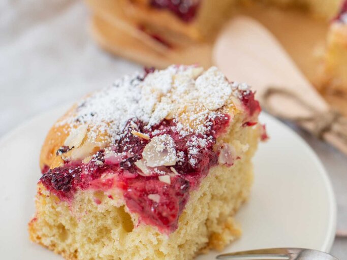 Stücke Marmorkuchen mit roter Grütze | © Adobe Stock/A_Lein