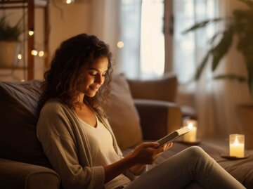 Eine Frau sitzt auf einem Sofa und liest ein Buch | © Adobe Stock/Tuyres/KI