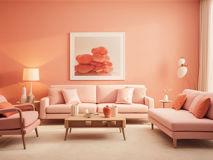 Wohnzimmer in der Farbe Peach Fuzz | © AdobeStock/AI Farm