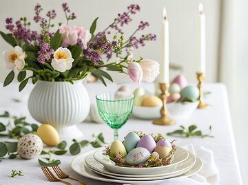 Ostertisch mit bunten Eiern, Blumen und Kerzen | © AdobeStock/Schizarty