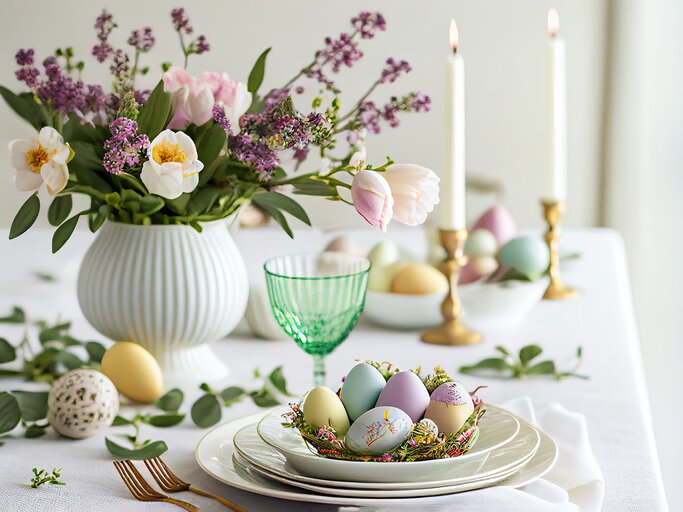 Ostertisch mit bunten Eiern, Blumen und Kerzen | © AdobeStock/Schizarty