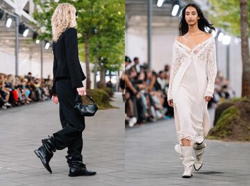 Zwei Models mit Slouchy Boots auf dem Runway bei Ganni, Kopenhagen Fashion Week | © Getty Images/Alena Zakirova/Kontributor