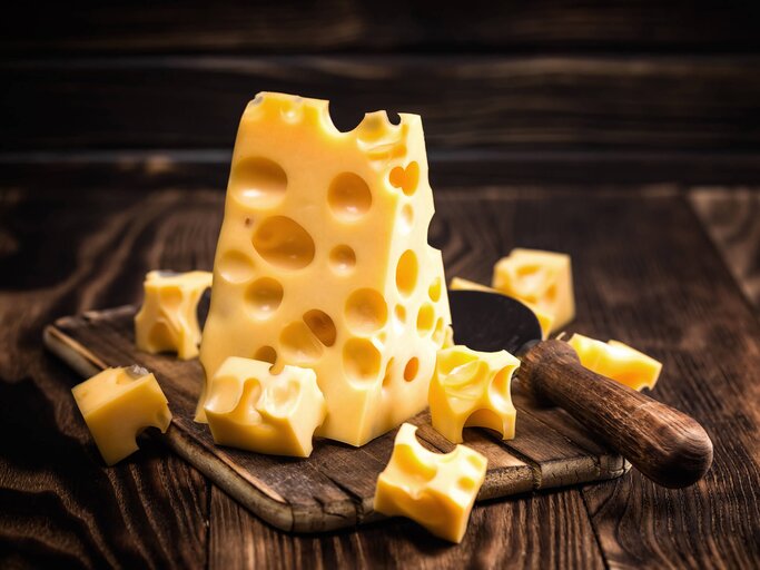 Emmentaler-Käse aufgeschnitten auf einem Holzbrett | © gettyimages.de / ivandzyuba