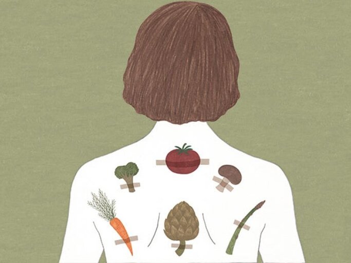 Zeichnung einer Frau, der Gemüse auf dem Rücken klebt. | © Melanie Gandyra
