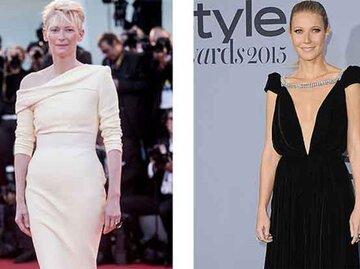 Die Schauspielerinnen Tilda Swinton und Gwyneth Paltrow haben ein gutes Händchen für vorteilhafte Stylings: Ihre androgyne Figur kaschieren sie mit femininer, taillierter Mode. | © Alessandra Benedetti, Jon Kopaloff, Getty Images