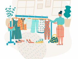 Frau hängt Kleidung auf eine Kleiderstange - Illustration | © gettyimages.de / Asiya Hotaman