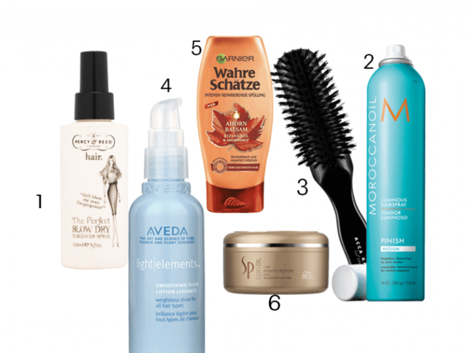 1. Föhn-Styling-Spray „The Perfect Blow Dry Makeover Spray” von Percy & Reed schützt vor Hitzeschäden, um 17 Euro, 2. „Luminous Hairspray Medium” mit Arganöl von Moroccanoil, um 23 Euro, 3. „Power Styling Brush” mit Naturborsten von Acca Kappa, um 42 Euro, 4. Serum „Light Elements Smoothing Fluid” von Aveda verleiht mit Jojobaöl Glanz, um 33 Euro, 5. „Wahre Schätze Ahorn Balsam Intensiv reparierende Spülung” von Garnier, um 3 Euro, 6. „SP Luxeoil Keratin Restore Mask” mit Keratin von Wella Professionals, um 40 Euro.  | © PR