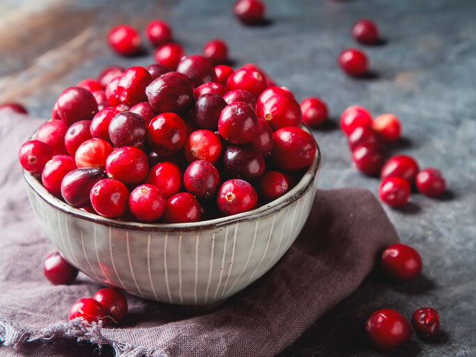 Cranberries in einer dunklen Schüssel auf einer Steinplatte. | © iStock.com / gaus-nataliya