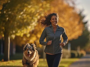 Frau joggt mit ihrem Hund im Herbst die Straße entlang. | © Adobe Stock / ANEK